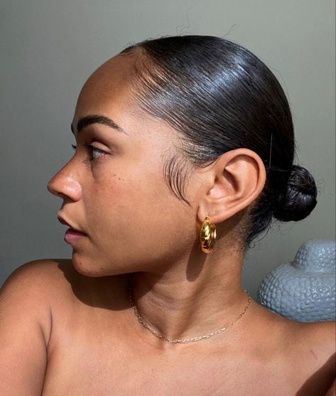 Slick Back Small Bun Natural Hair, Clean Hairstyles Black Women, Small Bun Black Women, Short Hair Slicked Back Bun Black Woman, Small Bun Hairstyles Short Hair, Three Part Slick Back Bun, Slick Back On Short Hair, Slick Bun Black Women, Natural Hair Slick Back Bun