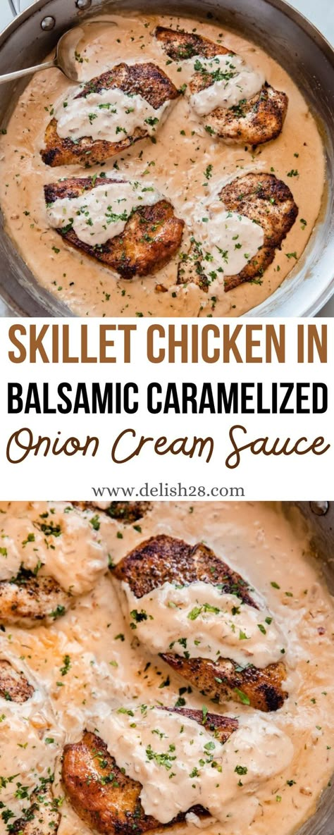 Onion Cream Sauce, Chicken Entrees, Caramelized Onion, Skillet Chicken, Balsamic Glaze, Chicken Dishes Recipes, Trade Center, Poultry Recipes, Cream Sauce