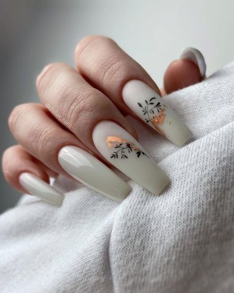 Milky White Fall Nails, Milky Green Nails, White Fall Nails, Essie Marshmallow, Fall Nails Ideas, White Almond Nails, White Nails With Gold, Autumn Luxury, White Coffin Nails