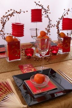 Pagoda Road: Chinese New Year – Table Settings and Party Decorating Ideas for the Year of the Dragon New Year Centerpiece Ideas, Chinese Theme Parties, Asian Party Themes, Chinese Party, Japanese Party, Asian Party, Chinese New Year Party, Chinese Table, Chinese Theme