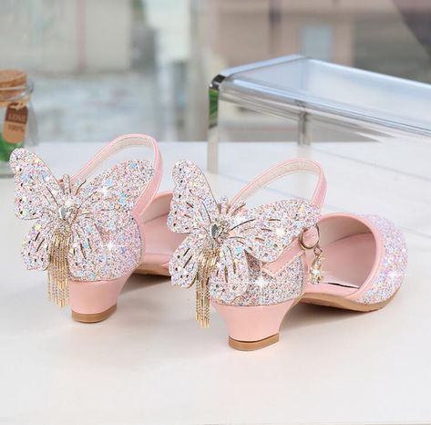 Dress Banquet, Kids Leather Shoes, Glitter Butterfly, Silver High Heels, Princess Kids, Shoes For Girls, Butterfly Knot, Knot Dress, Princess Shoes