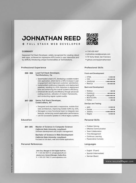 Full Stack Web Developer Resume Template Full Height Full Stack Developer Resume, Software Engineer Resume, Software Developer Resume Fresher, Web Developer Resume, Indesign Resume Template, Engineering Resume Templates, Free Resume Template Download, Full Stack Developer, Academic Achievement