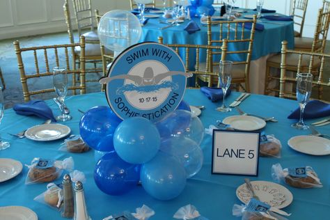 Swim Team Party Centerpieces, Swimming Decorations Ideas, Swimming Centerpieces, Swim Centerpieces Banquet, Swim Team Centerpieces Banquet, Swim Banquet Decorations, Swim Team Table Decorations, Water Polo Centerpieces, Swim And Dive Banquet