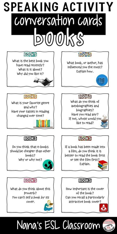 Grammar corner Speaking Activity: Conversation Cards about Books Conversation Dialogue, English Conversation For Kids, Speaking Activities Esl, Speaking Activities English, Esl Kids, Speaking Activity, Past Simple, Esl Classroom, Interpersonal Communication