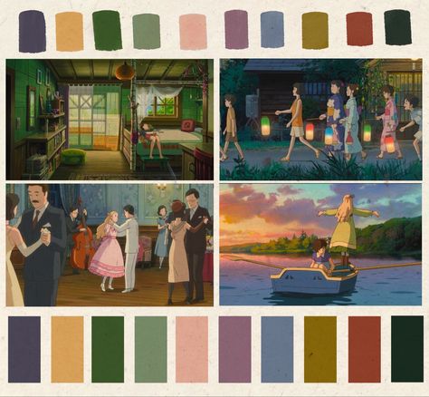 Soft natural coloe palette for the Studio Ghibli anime film When Marnie Was There studioghibli ghibli color coloue colorpallete anime animated cinematography Animation Colour Palette, Studio Ghibli Color Scheme, Studio Ghibli Colors, Anime Color Schemes, Studio Ghibli Colour Palette, Studio Ghibli Color Pallete, Anime Character Color Palette, Anime Color Pallete, Howls Moving Castle Color Pallete