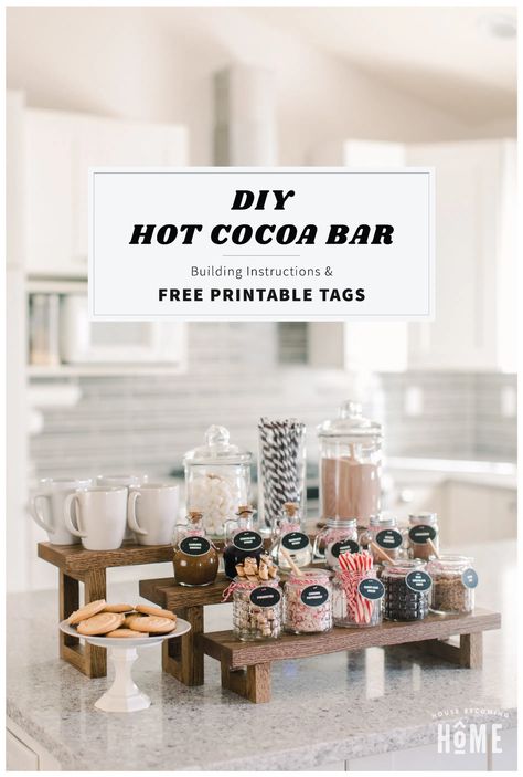 DIYHotCocoaBarandFreePrintableTags Hot Cocoa Bar Wedding Fall, Hot Coco And Coffee Bar, Chic Hot Cocoa Bar, Coffee Tea And Cocoa Bar, Hot Cocoa Bar At Home, Coffee Tea Hot Chocolate Bar, How Chocolate Bar, How Cocoa Bar, Hot Choc Station