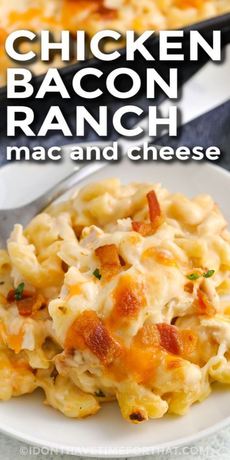 When you've got no time, try this quick chicken bacon ranch mac and cheese recipe for a yummy meal! Mix chicken, bacon, and ranch seasoning into the creamy mac & cheese for a flavor explosion. Bake and serve this loaded mac and cheese within 30 minutes. It's an easy, cheesy hit for potlucks and parties! #idonthavetimeforthat #chickenbaconranchmacandcheese #easymacandcheeserecipe #creamybaconranchmacandcheese" Bacon Ranch Mac And Cheese, Ranch Mac And Cheese, Loaded Mac And Cheese, Mac N Cheese Crockpot, Homemade Mac And Cheese Recipe Easy, Easy Mac N Cheese Recipe, Easy Mac N Cheese, Mac And Cheese Casserole, Cheesy Mac And Cheese