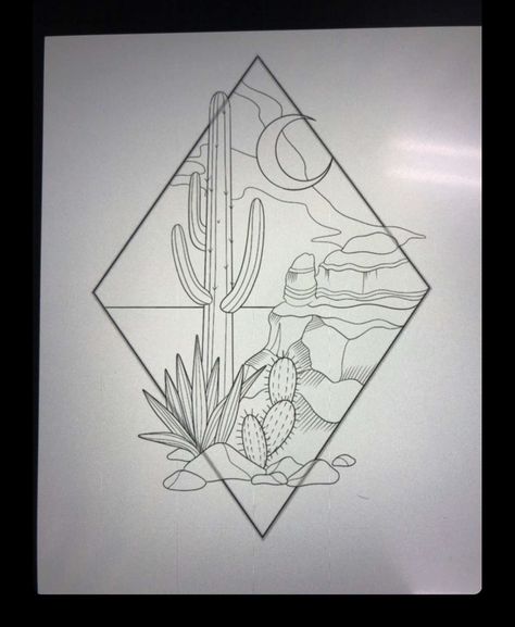 Geometric Desert Tattoo, Cactus Scene Tattoo, Desert Scene Drawing, Grand Canyon Tattoo, Desert Scene Tattoo, Arizona Tattoo Ideas, Desert Tattoos, Desert Drawings, Small Shark Tattoo