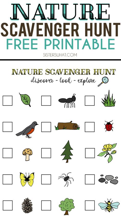 Nature Scavenger Hunt and Summer Adventures || Free Printable - Sisters, What! Nature Scavenger Hunt Printable, Nature Walk Scavenger Hunt, Scavenger Hunt Template, Preschool Scavenger Hunt, Nature Scavenger Hunt, Scavenger Hunt Printable, Nature Hunt, Scavenger Hunt For Kids, Printables Free Kids