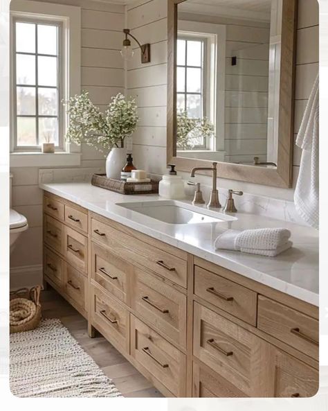 Bathroom Vanity With Single Sink, Bathroom Vanity Mirror Single Sink Farmhouse, Large Vanity Single Sink, New House Bathroom Ideas, Wood Cabinet In Bathroom, Large One Sink Vanity Master Bath, One Sink Master Bath Vanity, Master Bath Cabinets Double Sinks, Modern Farmhouse Bathroom Design Ideas