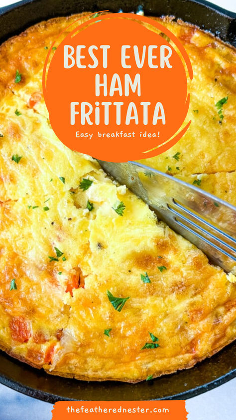 You love this ham frittata recipe! It's delightful combination of savory ham and melty cheese nestled within a tender egg base makes it a crowd-pleaser. Whether you're hosting a brunch gathering or looking for a quick and easy dinner solution, this frittata brings comfort and flavor to the table with minimal fuss. Meat Frittata Recipes, Eggs Ham Cheese Breakfast, Ham And Cheese Frittata Easy, Egg Frittata With Cottage Cheese, Ham And Egg Frittata, Fritata Recipe Ham And Cheese, Omelette Recipe Easy Ham And Cheese, Breakfast Ideas Ham, Small Frittata Recipes