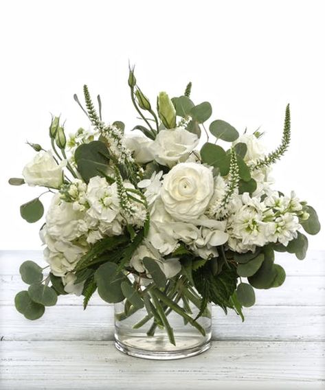 White Flower Vase Arrangements, Classy Floral Arrangements, White And Green Arrangements, White Arrangements Flowers, White Green Flower Arrangements, All White Flower Arrangements, White Floral Arrangements Wedding, All White Floral Arrangements, Low Flower Arrangements For Table