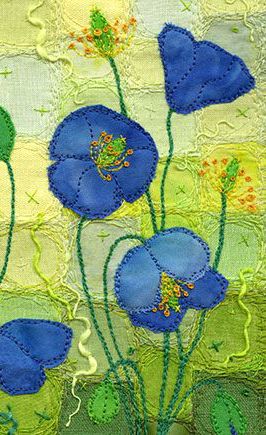 blue & green Art Fibres Textiles, Bordados Tambour, Art Fil, Quilt Modernen, Appliqué Quilts, Fabric Postcards, Art Quilting, Flower Quilts, Landscape Quilts