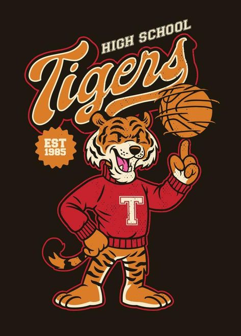 Vintage Textured Shirt Design of Tiger Athletic Mascot Tiger Mascot Logo, Vintage Mascot Design, Tiger Mascot Design, Vintage Mascot Logo, Brand Mascot Design, Sports Shirt Design, Tiger Character, Basketball Mascot, Vintage Mascot