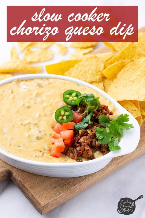 Easy Slow Cooker Chorizo Queso Dip! It is made with cream cheese, shredded Monterey Jack cheese, Mexican chorizo, and chiles. Perfect for game day or for an appetizer! #cookingformysoul Best Chorizo Queso Dip, Cheesy Chorizo Dip, Chorizo Queso Recipes, Slow Cooker Chorizo Queso, Cheese And Chorizo Dip, Queso With Chorizo Crockpot, Chirozo Queso Dip, Chori Queso Dip, Croc Pot Queso Dip