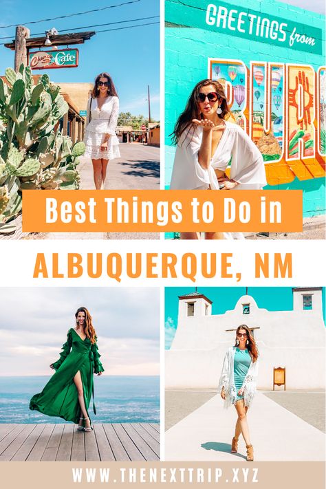 These are our top fun things to do in Albuquerque New Mexico! Start with the ABQ Trolley Tour, dinner at El Pinto and Ten 3, see Old Town, Sandia Peak, and more! | Albuquerque Travel Guide | Albuquerque New Mexico Photography | Albuquerque Instagram Spots | Albuquerque Public Art | New Mexico Travel | New Mexico Destinations | Albuquerque Things to do In | Albuquerque Restaurants New Mexico Outfits Spring, Albuquerque Restaurants, Beyoncé Concert, New Mexico Albuquerque, New Mexico Road Trip, Arizona Trip, Travel New Mexico, Mexico Photography, Albuquerque News