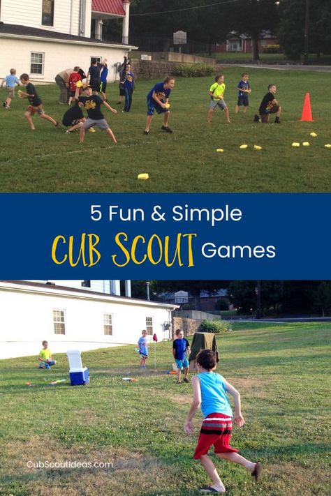 These 5 outdoor games for Cub Scouts are fun and simple! They don't require much equipment. They're great easy activities for den or pack meetings. #CubScouts #CubScout #Scouting #Webelos #ArrowOfLight #KidsActivities #KidsOutdoorActivities Cub Scout Easter Activities, Outdoor Scout Activities, Pack Meeting Activities, Paws For Action Bear Scouts, Scout Games Outdoor, Cub Scout Camping Activities, Cub Scout Pack Meeting Ideas, Lion Cub Scout Activities, Lion Scouts