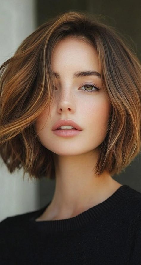 If you're looking to give your bob haircut a fresh new twist, adding highlights is the way to go. From subtle, natural tones to more daring contrasts, highlights can make your bob look fuller and more dynamic, adding brightness and style to your overall appearance. Bob Highlights Brunette, Effortless Bob, Bob Haircuts With Highlights, Haircuts With Highlights, Brown Balayage Bob, Swing Bob Haircut, Short Hair Highlights, Brunette Bob, Hairdos For Short Hair