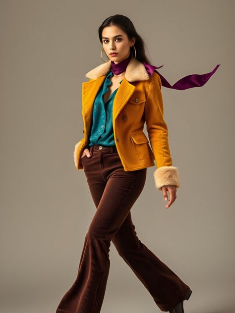 70s-Inspired Corduroy Color Block Ensemble Retro Inspired Outfits, Linen Pants Suit, Teal And Brown, Parisian Look, Outfits 70s, Turtleneck Outfit, Color Blocking Outfits, Teal Blouse, 1920s Flapper Dress