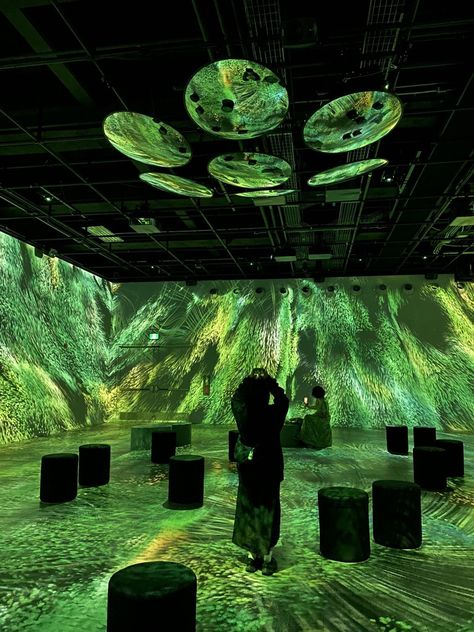 green 💚 aesthetic green light Green Artist Aesthetic, Light Projection Installation, Green Stage Lighting, Green Tint Aesthetic, Interactive Design Installation, Green Light Aesthetic, Interactive Art Wall, Black Light Room, Garden Stage