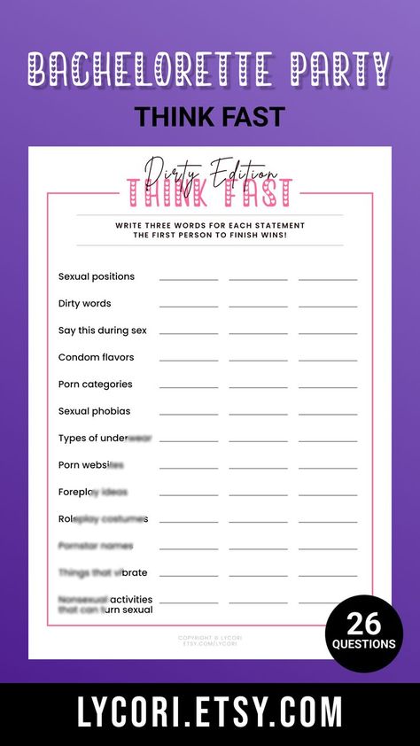 Think Fast Game, Dirty Bachelorette Games, Naughty Games, Adult Party Games, Printable, Instant Download Dirty Bachelorette Party Games, Think Fast Game, Games Couple, Dirty Bachelorette Party, Party Games Printable, Bachelorette Party Game, Hen Party Games, Think Fast, Bachelorette Games