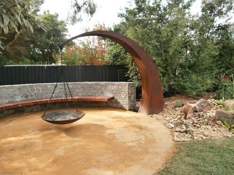 Fire pit with hanging fire. The fire can be changed to an ice bucket or water feature during summer Koi Pond Fire Pit, Water And Fire Feature, Fire Water Feature, Fire Hydrant Water Feature, Pool Waterfall With Fire, Recirculating Water Feature, Airbnb Business, Mount Martha, Water And Fire