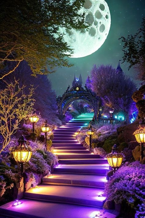 Prompt Stunning luminous lit up fantasy pathway up to the moon, by McKay, fairytale, storybook, gorgeous scenery, teal purple pale blue lime green, highly detailed, beautiful, decorative, wondrous, fantasy, sculptural, fantastical, 3D, filigree, mother of pearl, mixed media, something never seen before, luminescent, iridescent, shimmering, whimsical, fabulous, magical, ornate, captivating, enchanting, magical, ethereal, hyper detailed, award winning, well lit, rich colors, reflective water Fairytale Storybook, Magical Pathways, Magical Transformation, Gorgeous Scenery, Well Lights, Rich Colors, To The Moon, Pale Blue, Rich Color