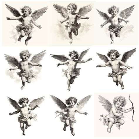 Cherubim Angels Tattoo, Cherub Tattoo Designs, Cherub Art, Cupid Tattoo, Cherub Tattoo, Angel Tattoo Designs, Neck Tattoo For Guys, Angel Drawing, Angel Artwork