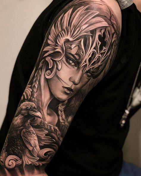 Greek Goddess Tattoo, Athena Tattoo, Norse Mythology Tattoo, Female Warrior Tattoo, Valkyrie Tattoo, Viking Tattoo Sleeve, Catrina Tattoo, Greek Mythology Tattoos, God Tattoos