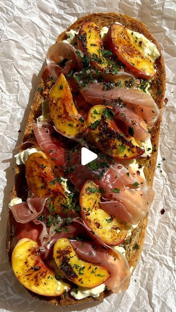 Lucie | butterhand on Instagram Peach Burrata Prosciutto, Peach Burrata, Artie Shaw, Happy Hour Appetizers, Grilled Bread, Garlic Bread Recipe, Grilled Peaches, Slow Roast, Dinner Appetizers