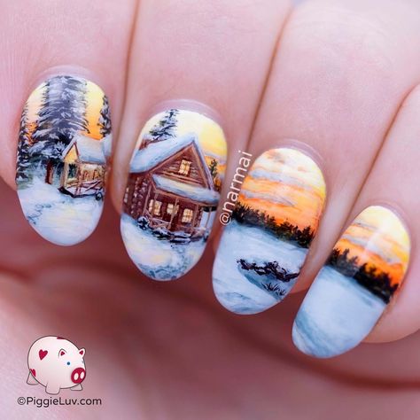 Ahh I've missed doing freehand landscape nail art! Come enjoy some hot cocoa in my cosy cabin after a long icy trek through the snow! I recorded a tutorial to show you how I build up nail art design such as this ;-) Landscape Nail Art, Nagel Stamping, January Nail Designs, Nail Art Courses, Xmas Nail Art, January Nails, Her Nails, Exotic Nails, Painted Nail Art