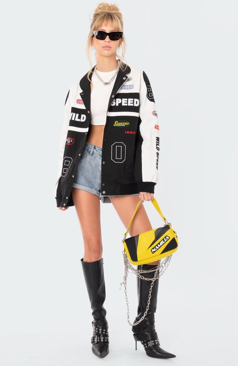 Motocross-inspired patches play up the sporty vibes of this oversized snap-front jacket. Notched collar 100% cotton Machine wash, tumble dry Imported Racer Jacket Outfit Women, Racer Jacket Outfit, Wild Speed, Motocross Outfits, Faux Fur Trim Coat, Jacket Outfit Women, Patch Jacket, Racer Jacket, Jacket Outfit