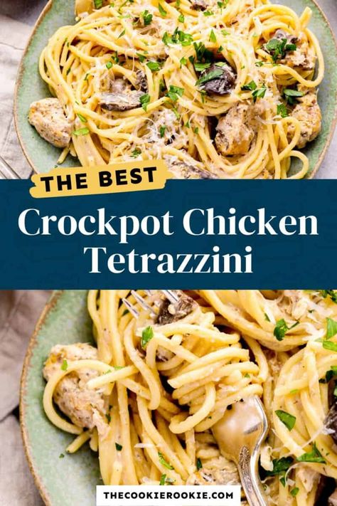 Crockpot Chicken Tetrazzini, Dorm Meals, Oven Dinners, Best Crockpot Chicken, Chicken Tetrazzini Recipes, Creamy Chicken Pasta Recipes, Slow Cooker Creamy Chicken, Chicken Mushrooms, Crock Pot Inspired Recipes