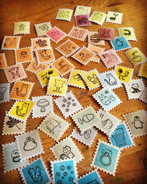 homemade postage stamps, using rubber stamps and a postage stamp paper punch. LOVE! Diy Postage Stamps, Stamps Aesthetic, Stamp Collection Ideas, Burger Packaging, Yt Ideas, Postage Stamps Crafts, Letter Aesthetic, Stamp Drawing, Homemade Stamps