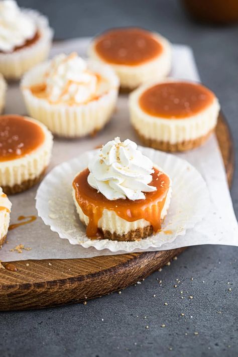 Mini Cheesecakes with Salted Caramel | Baker Street Society Salted Caramel Cheesecake, Fun Deserts, Bite Size Desserts, Caramel Cheesecake, Money Makers, Cheesecake Bites, Mini Cheesecakes, Chai Latte, Mini Foods