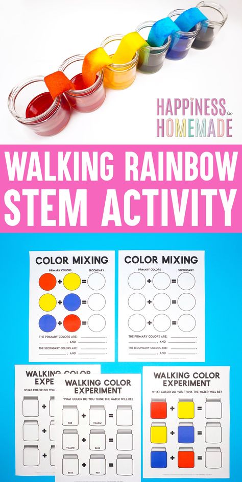 Walking Rainbow STEM Activity for Kids: a simple science experiment that includes colorful science lessons for kids of all ages! Plus, get 16+ Bonus FREE printable STEM activities and worksheets! Rainbow Steam Activities, Pre K Stem Activities, Easy Stem Activities Elementary, Rainbow Worksheet, Rainbow Stem, Lego Stem Challenge, Steam Activities Elementary, Storybook Village, Stem Activity For Kids