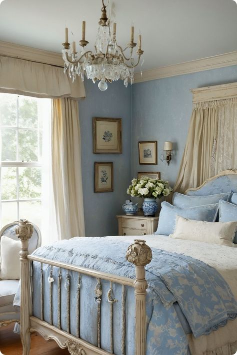 15 Inspiring Blue and Cream Bedroom Ideas: A Perfect Blend of Serenity and Style – Cabin Nook Pink And Blue Vintage Bedroom, Ivory And Blue Bedroom Ideas, Light Blue Guest Room, Powder Blue Bedroom Ideas, Light Blue Guest Bedroom, Blue Wall Room Ideas Bedrooms, Blue Walls Bedroom Ideas, Hamptons Style Decor Bedroom, Pale Blue Bedroom Ideas