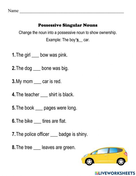 Singular Possessive Nouns, Police Officer Badge, Possessive Nouns, Singular Nouns, Possessive Adjectives, Nouns Worksheet, Mom Car, Forgot My Password, School Subjects