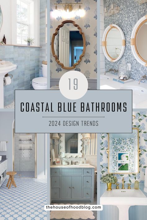 You'll love these coastal blue bathrooms! We're sharing over 19 ideas on how to design and decorate your bathroom with all the coastal vibes! Coastal Master Bathrooms With Wallpaper, Blue And White Bathrooms Modern, Bathroom Interior Design With Wallpaper, Blue Tile Bathroom Floor Ideas, Pretty Blue Bathrooms, Grandmillenial Bathroom Ideas, Neutral Coastal Bathroom Ideas, Powder Blue Master Bath, Charleston Bathroom Ideas