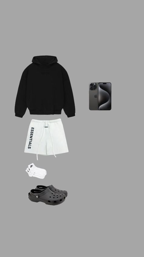 Men’s house outfit #essentialshoodie #shorts #hoodie #crocs #nike #nikesocks #iphone #iphone15pro #outfit #outfitideas #mensoutfits Croc Fits Men, Black Crocs Outfit Men, Black Crocs Outfit, Crocs Outfit Men, Crocs Nike, Basketball Shorts Outfit, Basketball Fits, House Outfit, Crocs Outfit