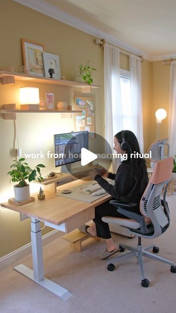 Maisy Leigh on Instagram: "Rituals >> Goals 🎧☕️🪴

✍🏻 Designing for @cozyleigh.studios 
🖥️ All setup links are in my bio!

#cozydesksetup #desksetup
#aesthetic #morning #routine #morningroutine #wfh #aestheticmorningroutine #motivation #cozy #cleangirlaesthetic #tech #mechanicalkeyboard" Office Routine, Work From Home Mom Aesthetic, Work From Home Pictures Aesthetic, Cosy Desk Setup Aesthetic, Walking Pad Desk Setup, Office Setup At Home, Work From Home Walking Pad Aesthetic, Work Office Aesthetic, Work From Home Treadmill Desk