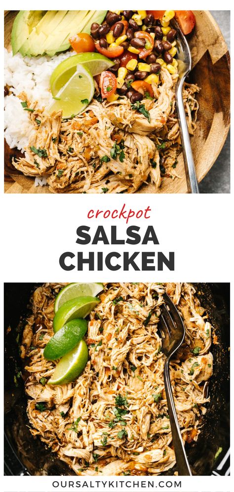 Crockpot Salsa Chicken is proof that "flavor" can win out over "fast". But fear not - this recipe is super easy to prep! Simply season, "sauce", then shred. Even using a slow cooker, it can be on the table in just about three hours. It's also endlessly versatile - use the shredded salsa chicken in burrito bowls, taco salads, quesadillas, traditional burritos or tacos, and more. It's also naturally Whole30 and paleo, and can easily fit into keto and low carb diets. Winner chicken dinner indeed! Taco Chicken Crockpot, Chicken With Salsa Recipe, Shredded Salsa Chicken, Crock Pot Salsa Chicken, Healthy Shredded Chicken Recipes, Crockpot Salsa Chicken, Crockpot Salsa, Salsa Chicken Crockpot, Shredded Chicken Crockpot