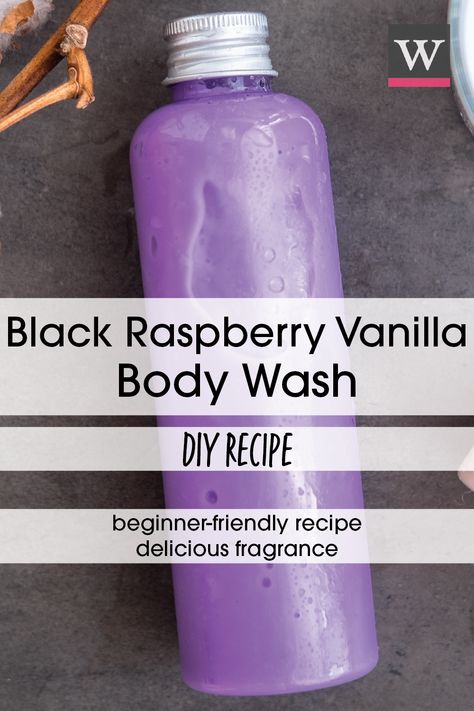 Our Black Raspberry Vanilla Body Wash recipe is sweet and simple! Just meld together three ingredients: our crystal clear Shower Gel, Black Raspberry Vanilla EO & FO Blend, and our Stained Glass Strawberry Red Liquor Color. Fill up different size bottles to make some for travel or for home! Homemade Shower Gel Recipes, Bath And Body Works Diy, Diy Shower Gel, Shower Gel Recipe, Homemade Shower Gel, Body Wash Recipe, Diy Body Wash, Homemade Body Wash, Vanilla Body Wash