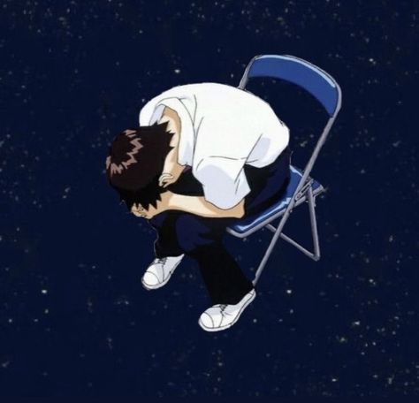 Shinji Sitting On Chair, Anime Guy Sitting On Chair, Shinji Listening To Music, Shinji Chair Pose, Shinji Sitting, Shinji Chair, Small Widget, Evangelion Shinji, Chair Drawing