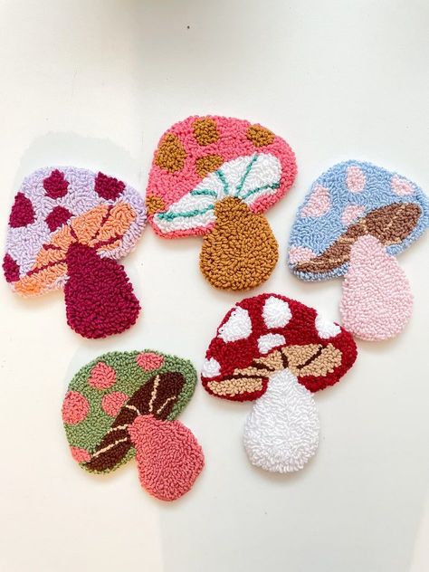 Mushroom Punch Needle Kit Tufted Mug Rug Full Kit Beginner - Etsy UK Mushroom Punch Needle Coaster, Punch Needle Hoop, Bunny Punch Needle, Rug Making Diy Punch Needle, Mushroom Tufting, Beginner Rug Tufting, Punch Needle Embroidery Designs, Easy Tufted Rug Design, Cactus Punch Needle