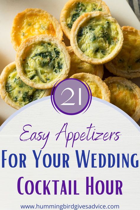 You don't have to overthink cocktail hour appetizers! This post has twenty one easy appetizer or finger food ideas for your wedding cocktail hour. There are tried and true classic appetizers, vegetarian appetizers, healthy appetizers, fried appetizers, and seafood appetizer ideas. All of the appetizers are easy, fun, and easy for your wedding guests to enjoy while also holding a drink and chatting! // getting married // brides // grooms // cocktail hour // happy hour // wedding food // reception Cocktail Wedding Food Ideas, Easy Cocktail Hour Food, Hour Devours Appetizers Wedding, Cocktail Food Wedding, Easy Cocktail Hour Snacks Wedding, Wedding Happy Hour Ideas, Grooms Cocktail, Cheap Cocktail Hour Food, Wedding Appetizers Finger Foods