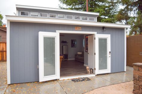 This Man Cave has it all. With a clerestory style roof, extra attic space for storage, and plenty of room inside, it's an ideal place to host guys night, poker games, game night, or just have a few happy hour drinks with friends. Your backyard shed can make a great entertaining space, with just a little DIY work. Man Cave Shed Ideas, Party Shed, Sheds Ideas Backyard, Outdoor Man Cave, Man Cave Shed, Man Cave Bathroom, Tuff Shed, Man Shed, Ultimate Man Cave