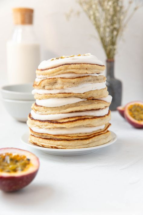 ricotta pancakes with coconut whipped cream - the palatable life The Palatable Life, Palatable Life, Ricotta Pancakes, Pancakes Ingredients, Breakfast Pastries, Coconut Whipped Cream, Vanilla Coconut, Homemade Whipped Cream, Pancakes And Waffles