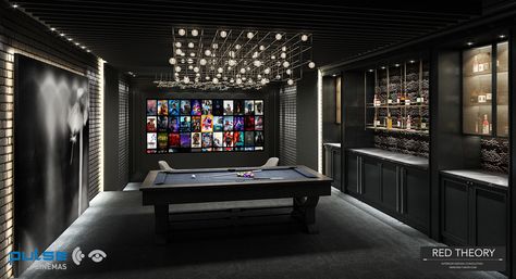 Theater Room With Pool Table, Home Billiard Room Ideas, Luxury Billiard Room, Small Home Theatre, Dark Interior House, Home Cinema Room Ideas, Luxury Home Cinema Room, Black Pool Table, Game Room With Pool Table