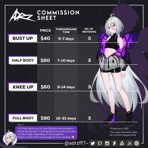 Yooo! ADRZ Commissions are now open! ✨ You can check out the prices, terms, contacts, and sample works on this pin. Looking forward to illustrating your ideas! 🥰 Thanks and have a great day. 😊 Commission Template Art, Commission Sheet Example, Digital Art Commission Prices, Commissions Open Template, Commission Prices Sheet, Art Commissions Prices, Art Commissions Template, Commission Sheet Ideas, Comissions Art Template